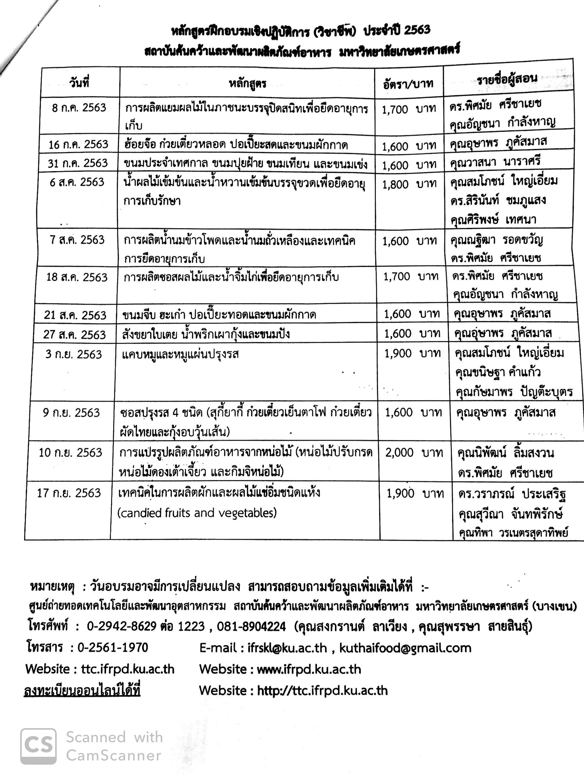 ข่าวสารฝากประชาสัมพันธ์หลักสูตรฝึกอบรมเชิงปฏิบัติการประจำปี 2563 สถาบันค้นคว้าและพัฒนาผลิตภัณฑ์อาหาร มหาวิทยาลัยเกษตรศาสตร์