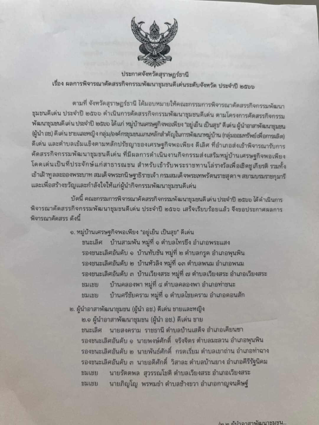 ขอแสดงความยินดี กับผู้ที่ได้รับรางวัลคัดสรรกิจกรรมพัฒนาชุมชน ประจำปี 2566